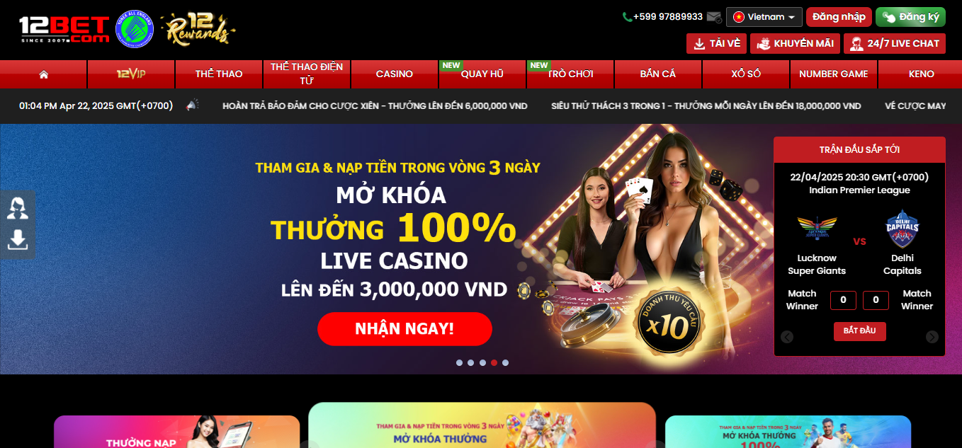 12BET – Nhà cái tặng tiền trải nghiệm miễn phí